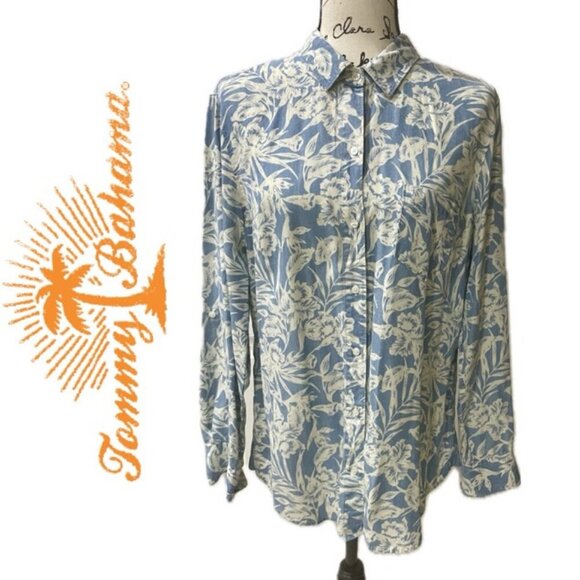Tommy Bahama flora print sketched Woman Island trend blouse 100% Tercel  Size M - Picture 1 of 14